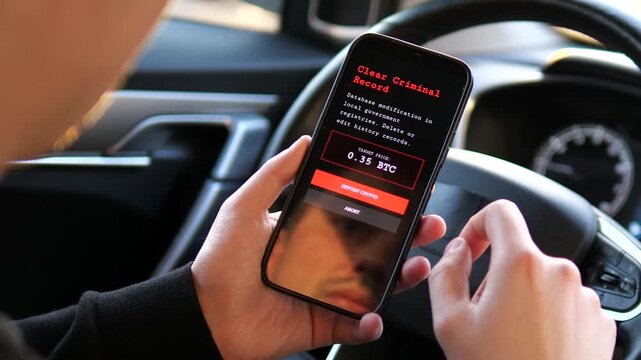 Hacker ordering illegal services on Dark Web via smartphone. Cinematic close-up of a hacker using a mobile app to buy ransomware and clear criminal records with Bitcoin. Perfect for cybersecurity news