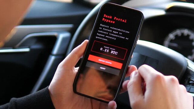 Close-up of a smartphone screen displaying a hacker exploit to bypass bank security. Concept of cybercrime, fintech vulnerabilities, and illegal dark web transactions for Bitcoin. Great for