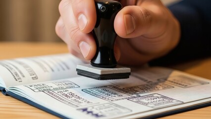 Fototapeta premium Close-up of passport stamping with visa stamps, travel documentation, and immigration concept