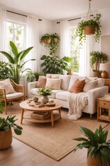 Naklejka premium Modern living room interior creating a relaxing and inviting atmosphere, featuring a comfortable sofa, warm wooden furniture, and abundant houseplants promoting a natural living space