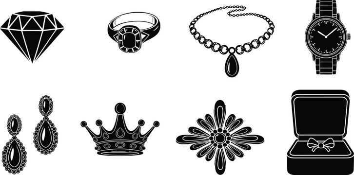 A collection of luxury jewelry items including rings earrings a crown and a necklace