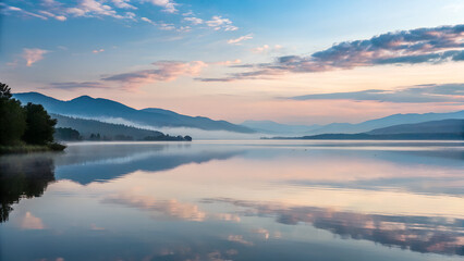 Fototapeta premium Calm lake reflecting mountains and soft pastel sky at sunrise with gentle mist ideal for travel backgrounds, relaxation themes and serene nature landscape visuals