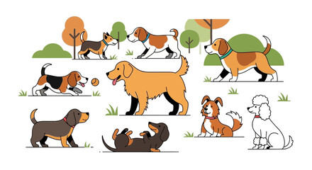 Obraz premium Diverse Dog Breeds Enjoying Outdoor Park Scene - Flat Design Illustration