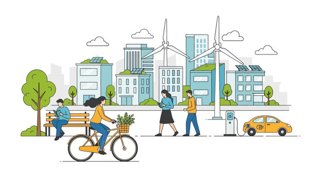 Eco-friendly city life: sustainable urban landscape with renewable energy and green transportation