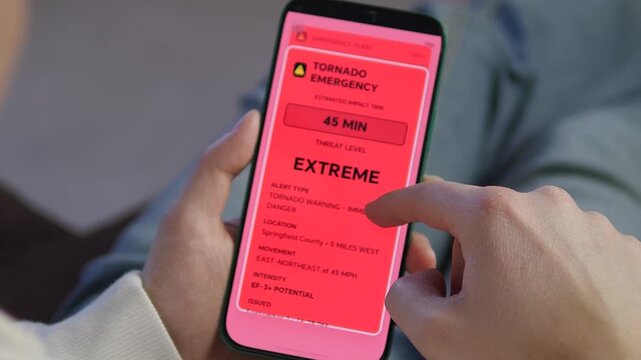 Close-up of hands holding a smartphone displaying a red extreme tornado emergency alert. High-stakes visual for disaster preparedness, weather safety, and emergency apps. Realistic 4K footage for news