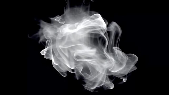 A swirling white smoke cloud floats in the air against a solid black background