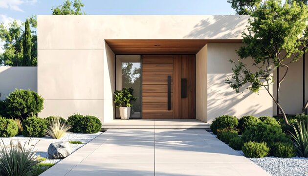 Elegant modern house entrance with wooden front door and surrounding greenery, highlighted by natural light and shadows. Ideal for real estate, architecture, and exterior design concepts