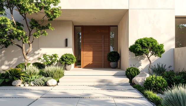 Elegant modern house entrance with wooden front door and surrounding greenery, highlighted by natural light and shadows. Ideal for real estate, architecture, and exterior design concepts