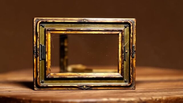 Vintage gold picture frame on wooden table with dark background