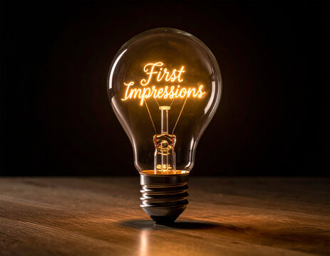 Glühbirne mit einem Glühdraht das aussieht wie das Wort "First Impressions"