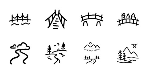 Bridges And Landscapes In Hand Drawn Style Set. Nature Exploration, Scenic Views, Outdoor Adventure Doodle Sketch Collection. Rustic Charm, Travel Inspiration. Isolated Vector Illustration