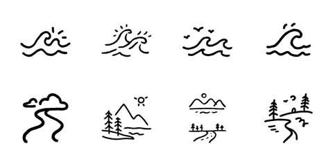 Fototapeta premium Ocean Waves And Mountain Landscapes In Hand Drawn Style Set. Nature, Adventure, And Outdoor Exploration Doodle Sketch Collection. Scenic Beauty Illustrations. Isolated Vector Illustration