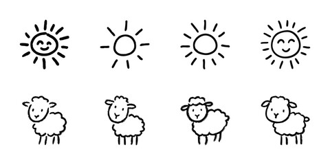 Fototapeta premium Sun And Sheep Icons In Hand Drawn Style Set. Weather And Farm Animal Doodle Sketch Collection. Cute And Playful Illustrations. Isolated Vector Illustration