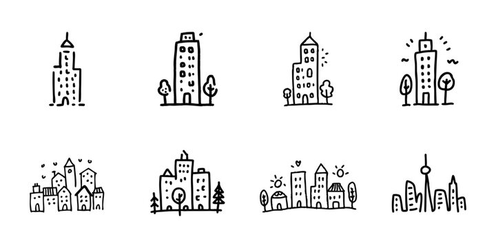 Cityscape And Buildings In Hand Drawn Style Set. Urban Architecture, Skyline, And City Life Doodle Sketch Collection. Modern And Traditional Structures. Isolated Vector Illustration