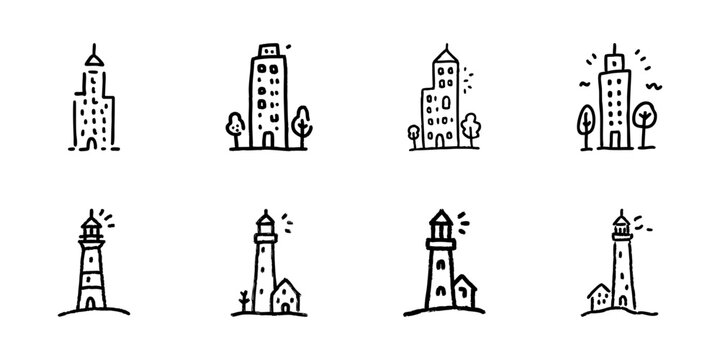 Lighthouse And Skyscraper Icons In Hand Drawn Style Set. Urban And Coastal Navigation Doodle Sketch Collection. Architectural Contrast, City And Sea. Isolated Vector Illustration