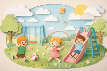 Obraz premium Children play joyfully in vibrant park scene, featuring swing set, slide, and colorful clouds. atmosphere is cheerful and lively, capturing essence of childhood fun