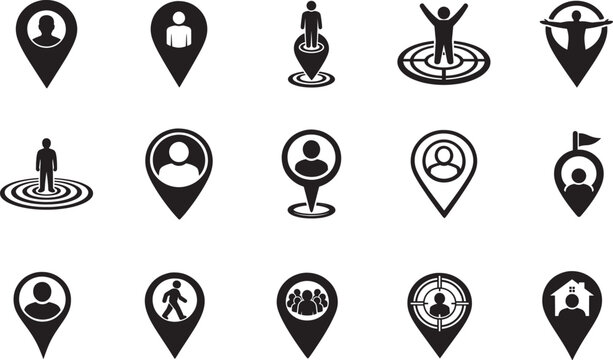 You are here icon set with map markers, location pins, navigation symbols on white background.
