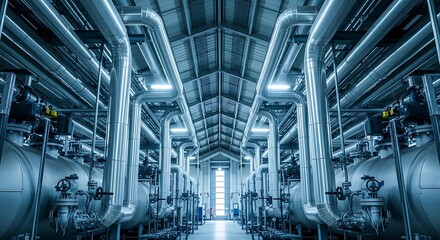 Fototapeta premium Industrial Infrastructure - A Detailed View of Pipes and Machinery in a Modern Facility.