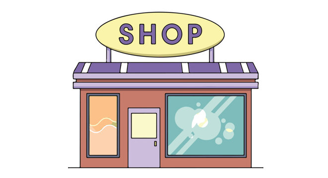 Cartoon Storefront Building with 'SHOP' Sign on White Background