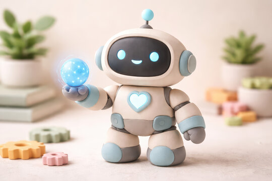 Cute robot toy blue glowing orb heart symbol futuristic design small robot figure smiling face pastel colors technology concept digital magic friendly robot artificial intelligence playful robot