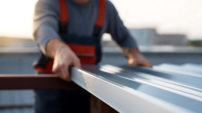 Skilled worker accurately position metal sheet for roof construction, focus on hands and material, bright outdoor setting with soft sunlight