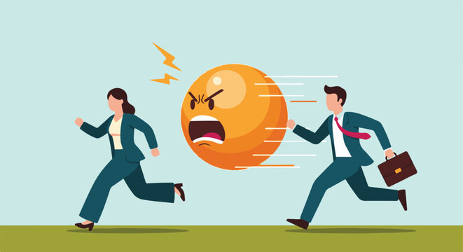Business professionals running from an angry face representing work problems