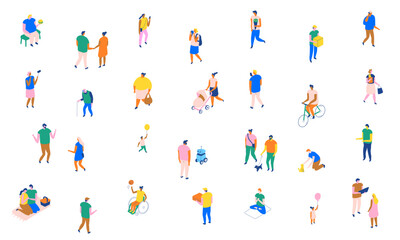 Isometric vector set of colorful city people in everyday scenes: jogging, cycling, deliveries, yoga, family, friendship, pets, children, and social urban lifestyle.