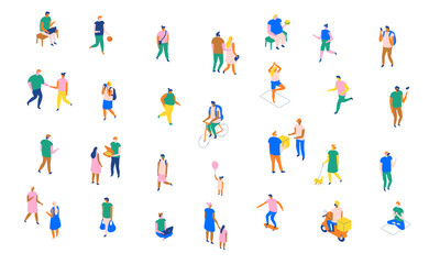 Colorful isometric people set showing urban lifestyle: walking, deliveries, cycling, yoga, parenting, friendship, children, pets, and community activities