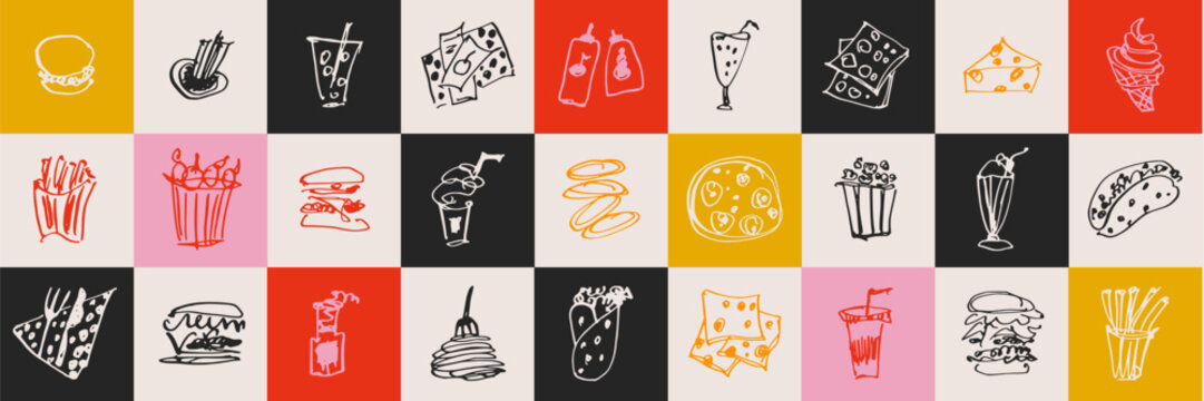 Fast food and street food icons in doodle sketch charcoal style. Restaurant menu decorative elements for cafe branding, flyers and takeaway packaging. Vector hand drawn snacks set.