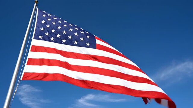 American flag waving proudly against a clear blue sky with wispy clouds