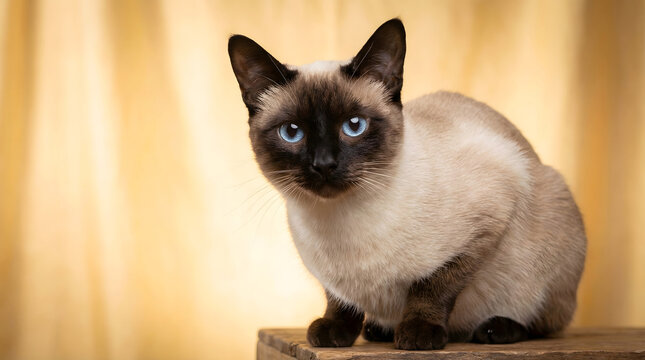 Siamese cat sitting on wooden platform with blue eyes and seal point face in close-up