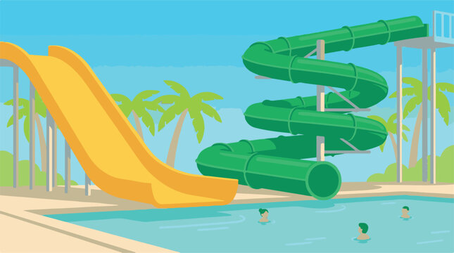 Vibrant cartoon illustration of a summer water park with slides and swimming pool