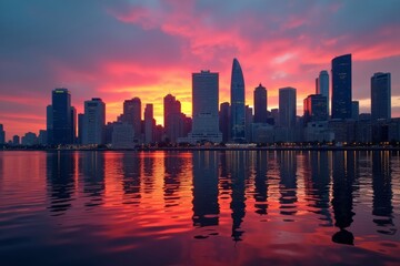 Obraz premium Vibrant Sunset Reflections: Colorful Industrial Cityscape with Skyscrapers and Urban Architecture