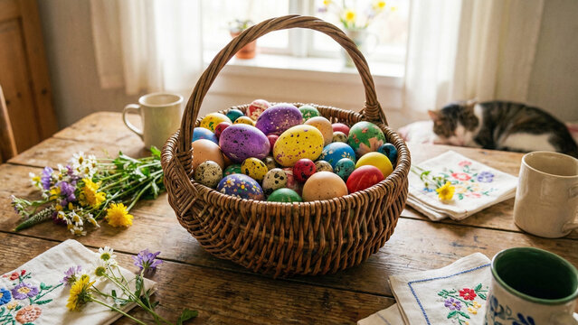 Vibrant Easter eggs overflow from a rustic basket on a wooden table, with a cat napping nearby.