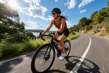 Fototapeta premium Young woman cycling on road bike outdoors, wearing helmet and sunglasses, enjoying sunny day on scenic road with trees and lake in background