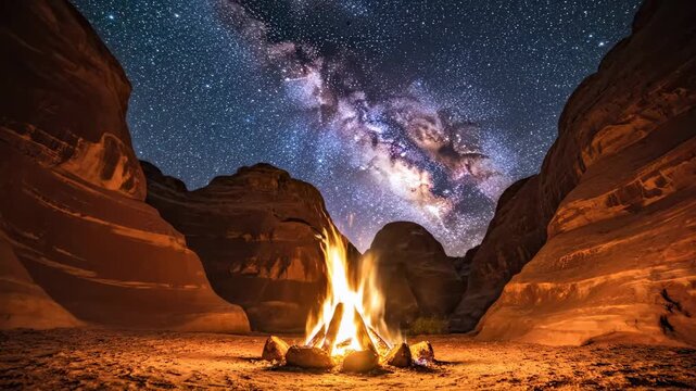 Campfire under the Milky Way in a desert canyon at night