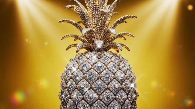 Luxurious diamond-encrusted pineapple sparkling under golden spotlights