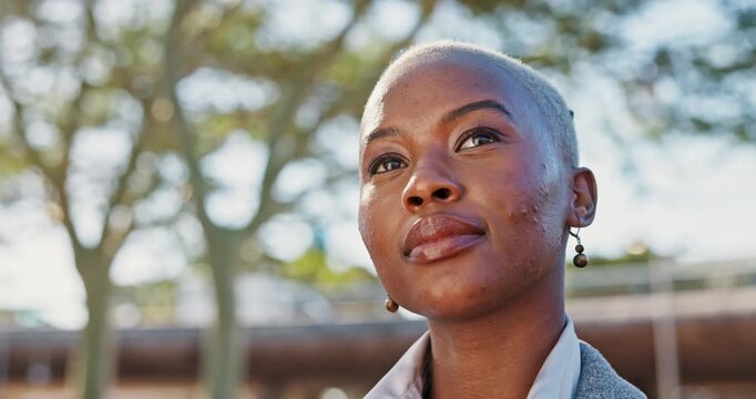 Businesswoman, outdoor and pride in finance, company or bank in London with thinking, idea and confident. Female person, professional and accounting in UK for corporate, investing or entrepreneurship