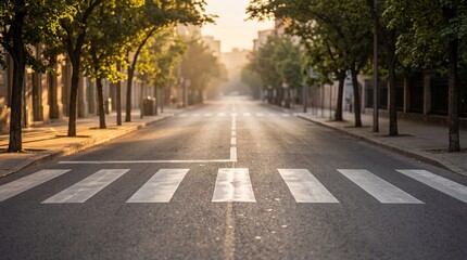 Obraz premium A serene city street at sunrise with trees lining the sidewalk and a crosswalk in the foreground