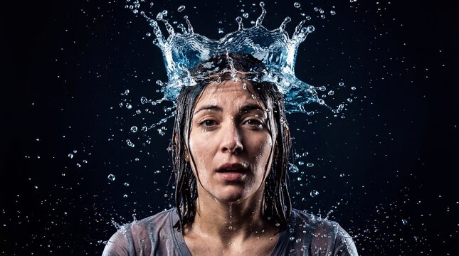 A woman with a shocked expression gets hit with water on a dark background