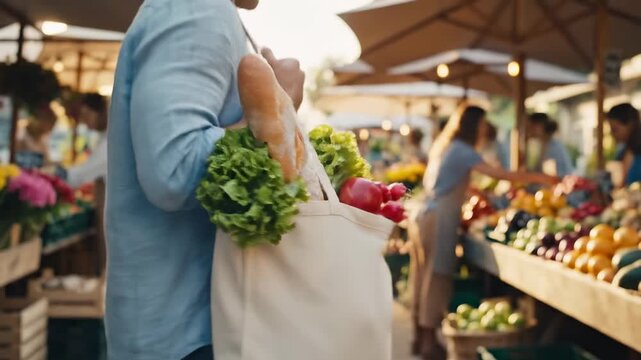 Man carrying reusable bag full of fresh produce from outdoor market