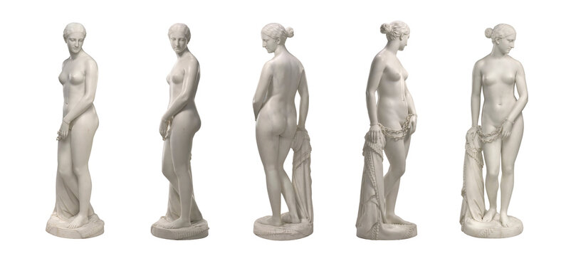 white marble statue of a woman on black background. classic sculpture shown from many sides.