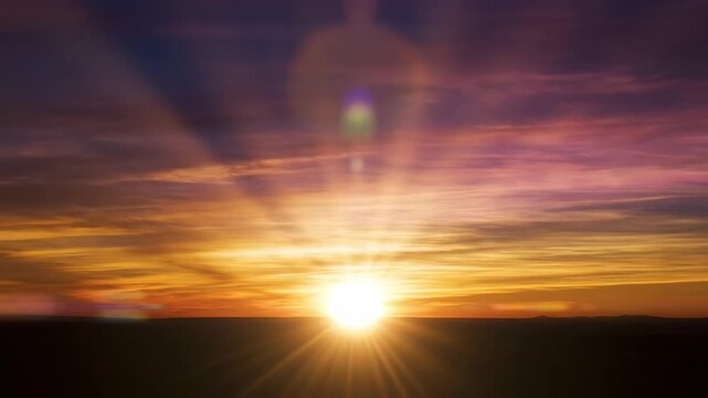 Golden Sunset Over Horizon with Dramatic Rays and Lens Flare