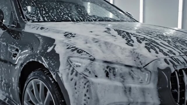 Close-up of a luxury car being detailed with thick foam in a professional wash bay