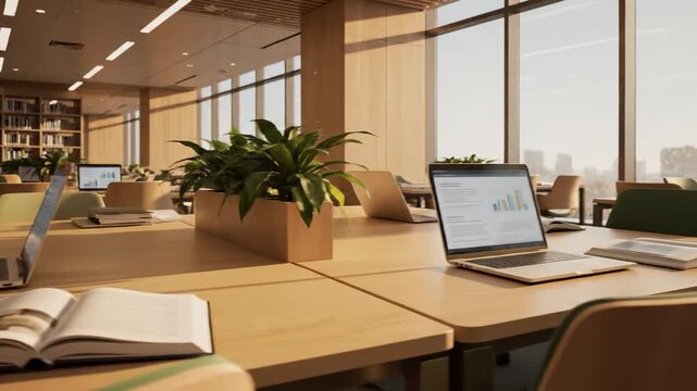 Modern library interior with laptops and books on wooden tables