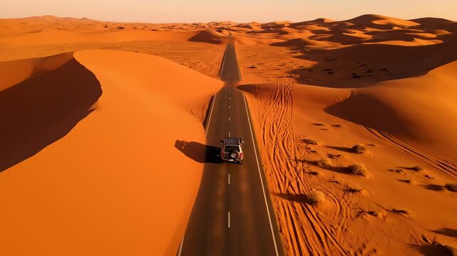 Aerial view of a car driving on a road through vast desert sand dunes at sunset