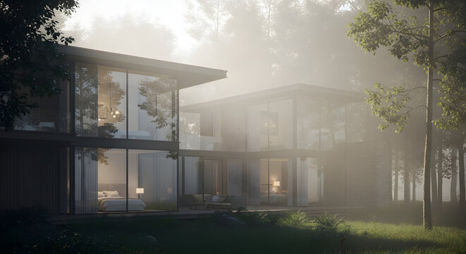 A contemporary glass office building facade reflects a foggy morning in the city sky creating a new urban business exterior design with empty commercial windows
Shorten the sentence for a concise titl