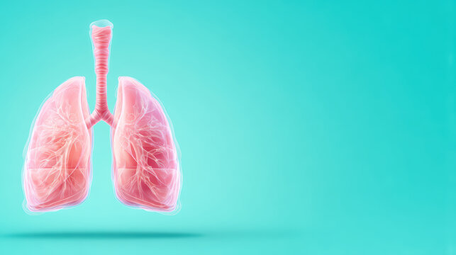 Transparent pink human lungs with trachea and bronchial tubes on blue background, showing detailed respiratory system anatomy in glowing translucent style