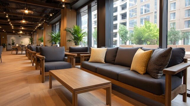 Comfortable lounge area with modern sofas armchairs and wooden coffee tables in a bright urban co working space with large