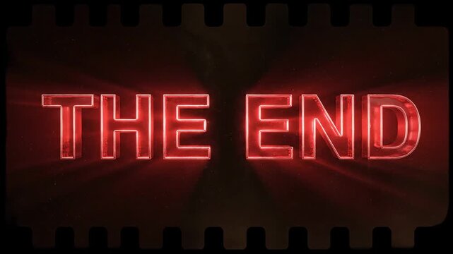 Dramatic red neon 'The End' text glowing on film strip background